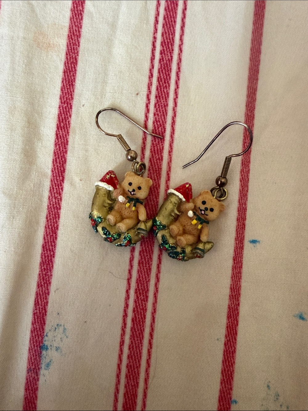 Cute Bear Christmas Stocking Kids Earrings - Red and Green